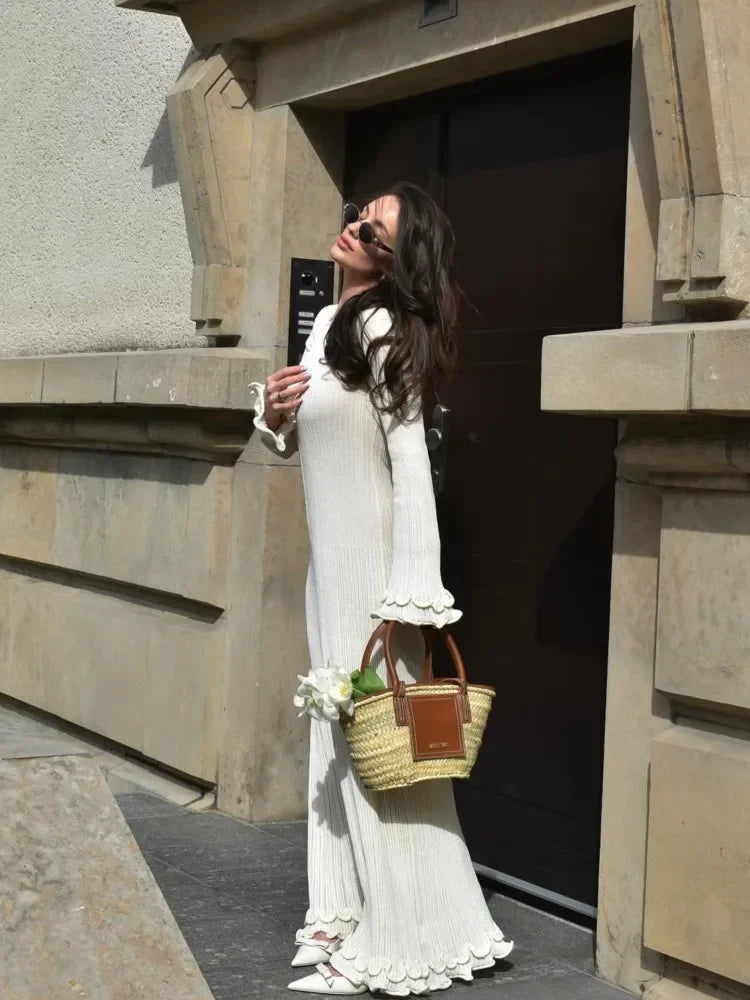 Hem Knit White Long Dress