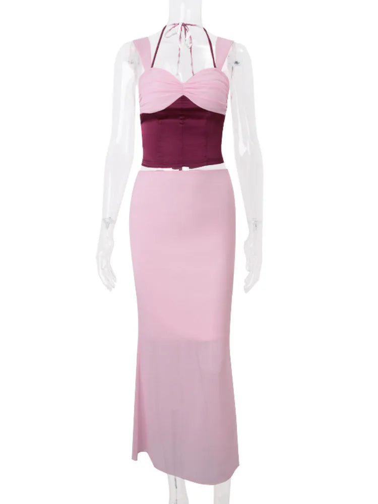 Elegant Duo-Tone Corset Maxi Dress