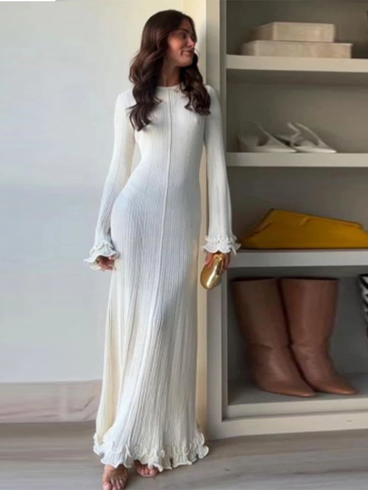 Hem Knit White Long Dress