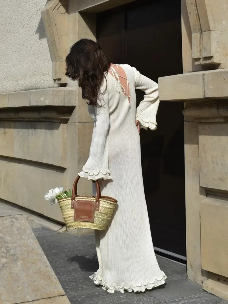 Hem Knit White Long Dress