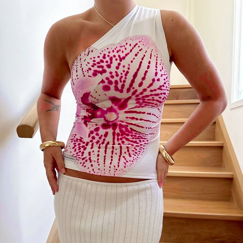 One Shoulder Floral Tank Top