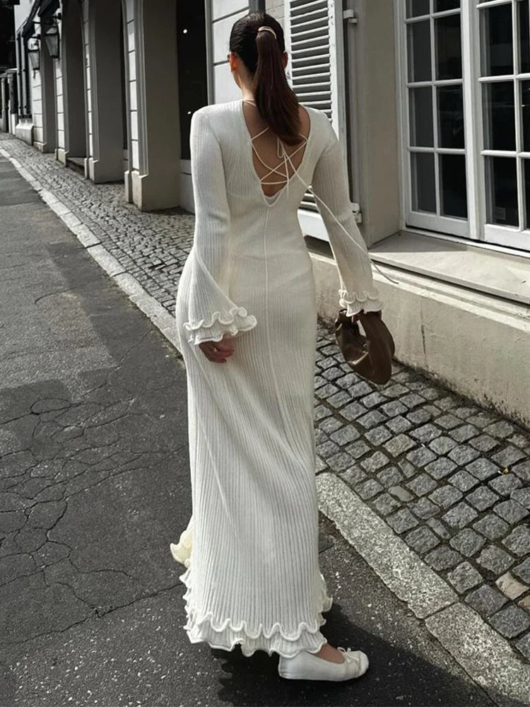 Hem Knit White Long Dress