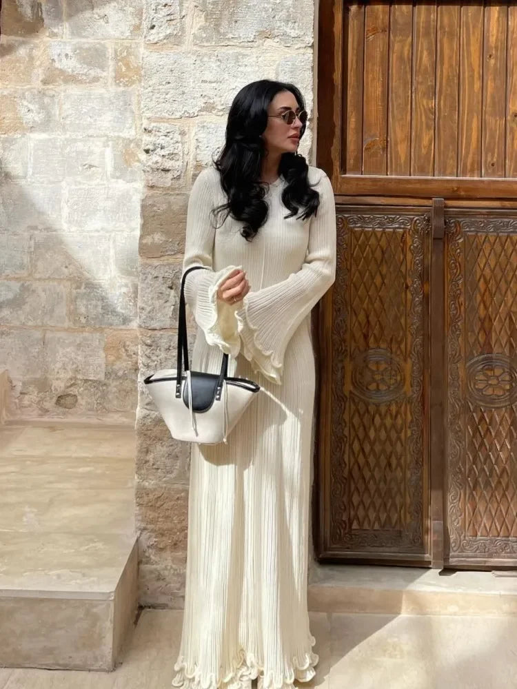 Hem Knit White Long Dress