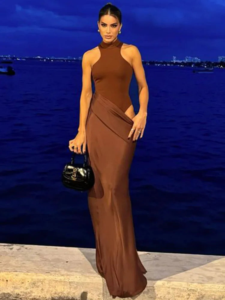 Elegant Mocha Draped Maxi Dress
