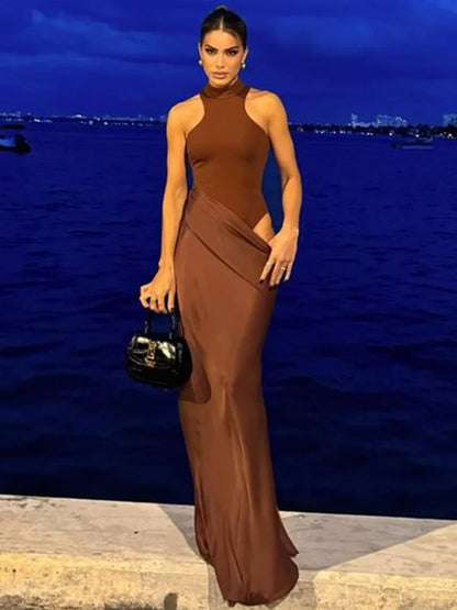 Elegant Mocha Draped Maxi Dress