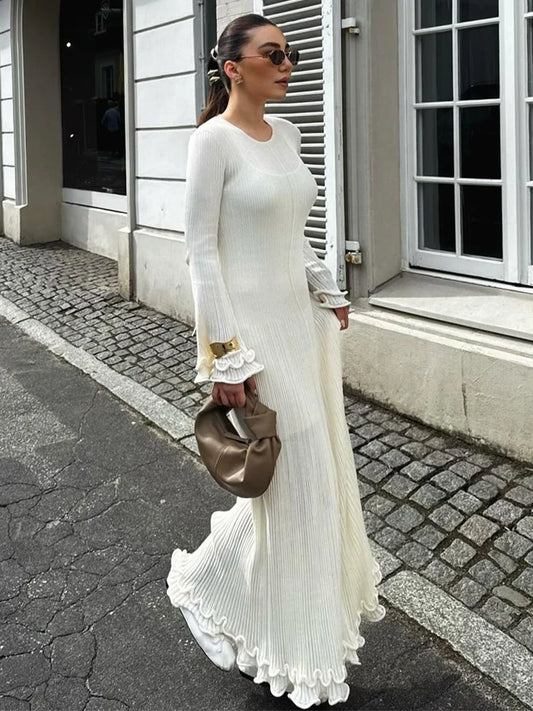 Hem Knit White Long Dress