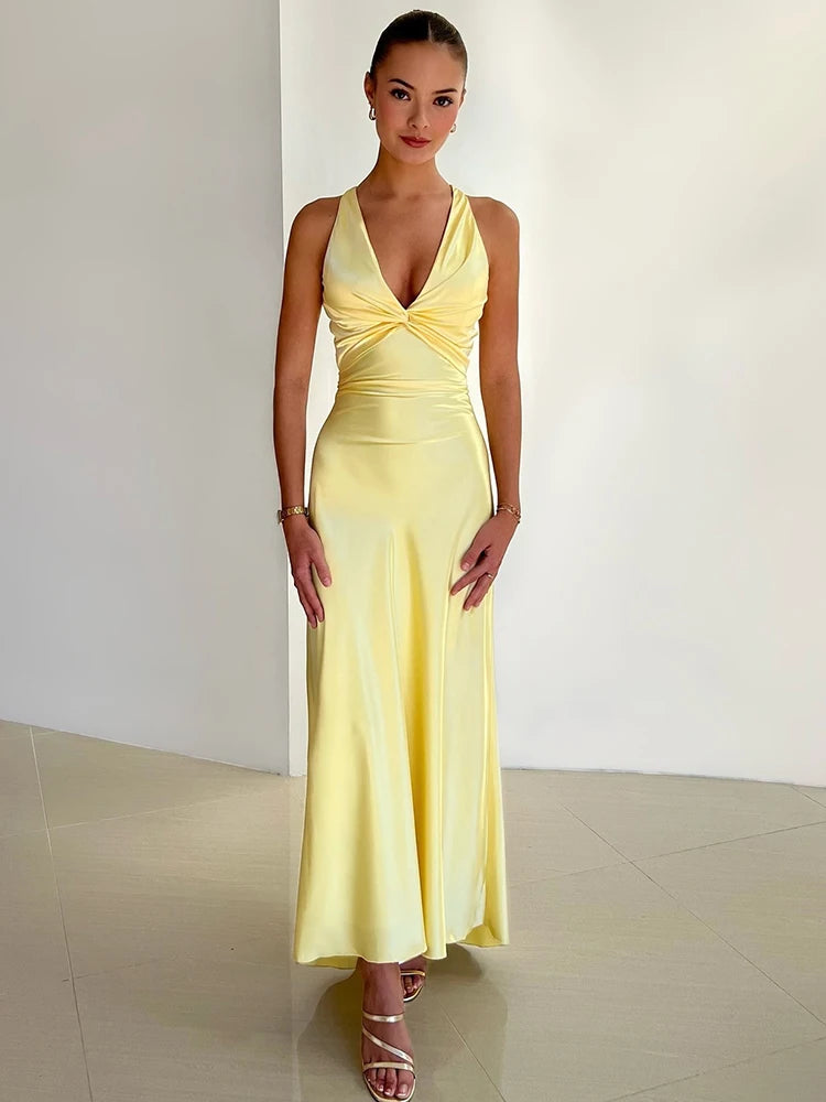 Satin Bow Backless  Maxi Dress