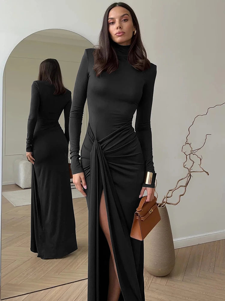Luxe Noir High-Slit Turtleneck Gown