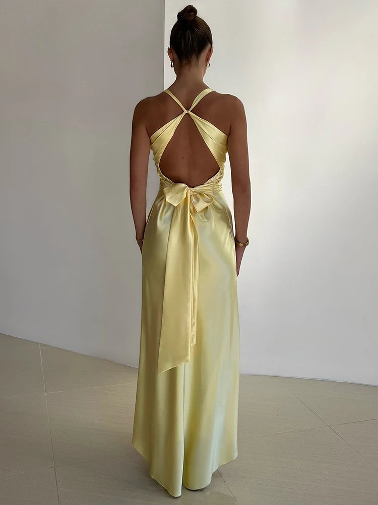 Satin Bow Backless  Maxi Dress
