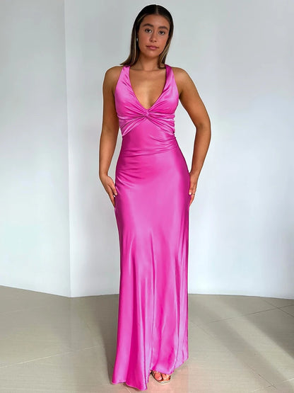 Satin Bow Backless  Maxi Dress