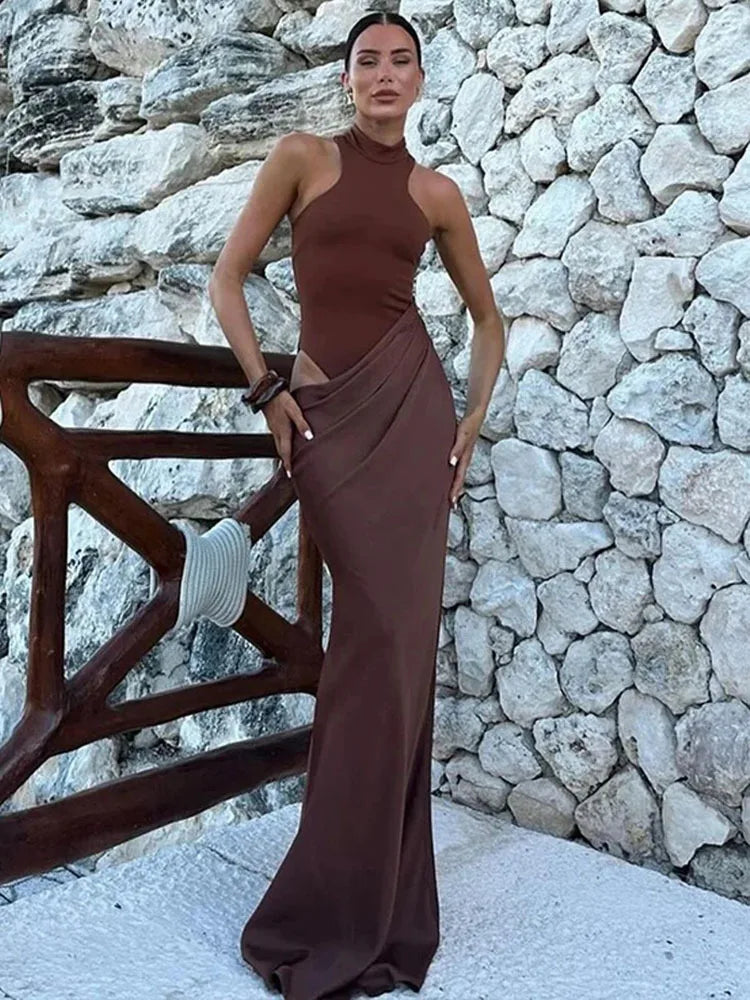 Elegant Mocha Draped Maxi Dress