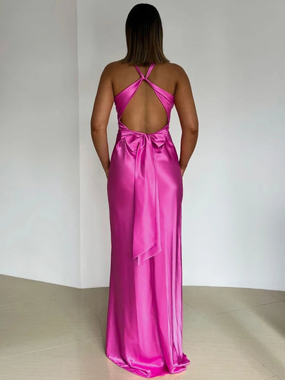 Satin Bow Backless  Maxi Dress