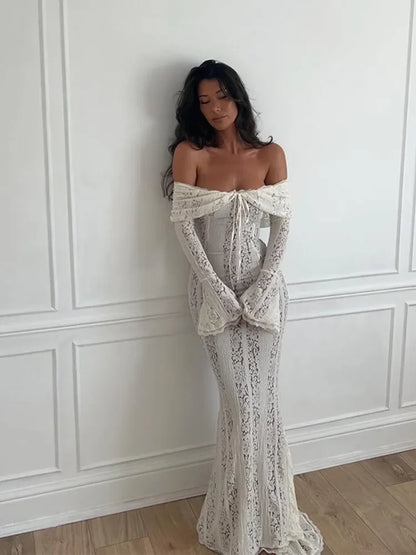 Ivory Lace Mermaid Dress - Off-Shoulder & vintage style