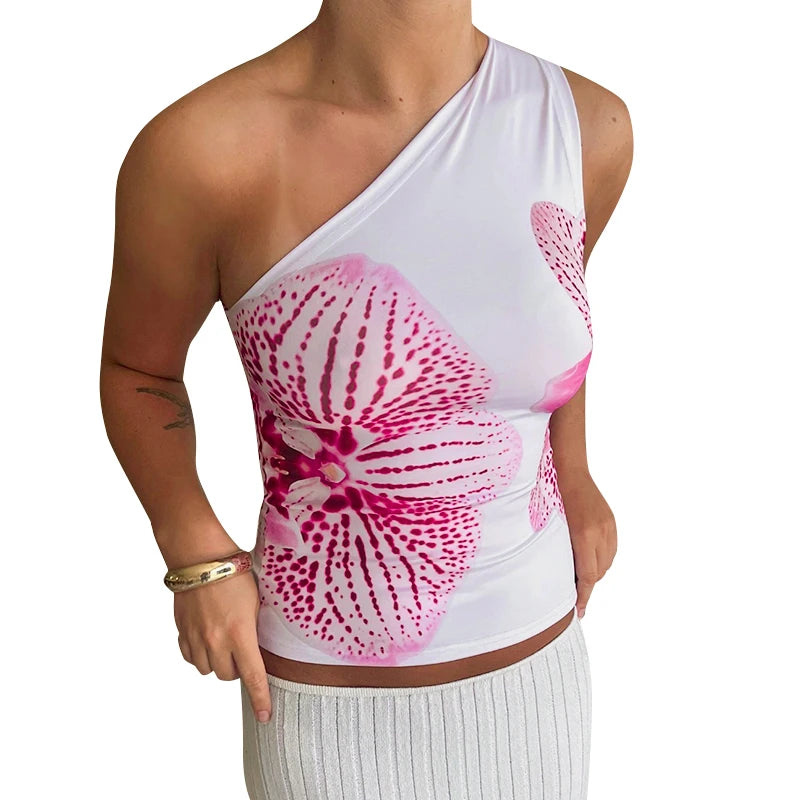 One Shoulder Floral Tank Top