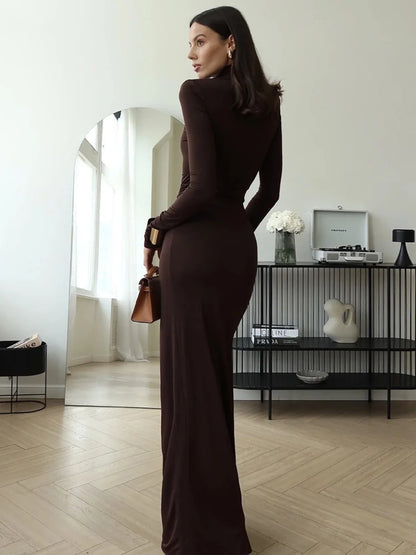Luxe Noir High-Slit Turtleneck Gown