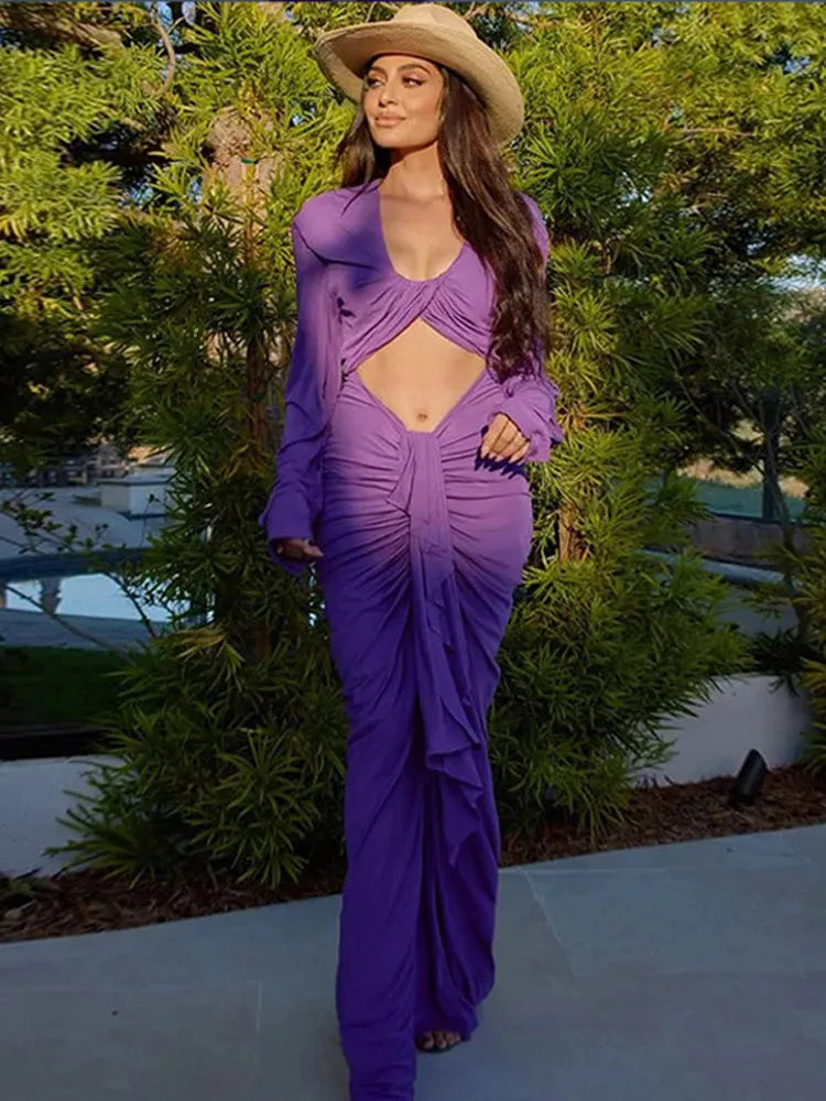 Purple Hollow Out Slim Maxi Dress
