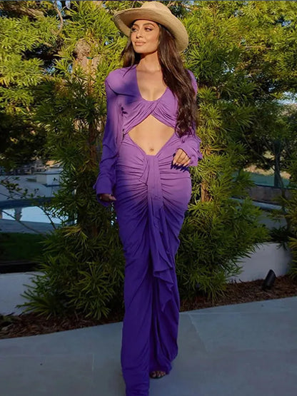 Purple Hollow Out Slim Maxi Dress