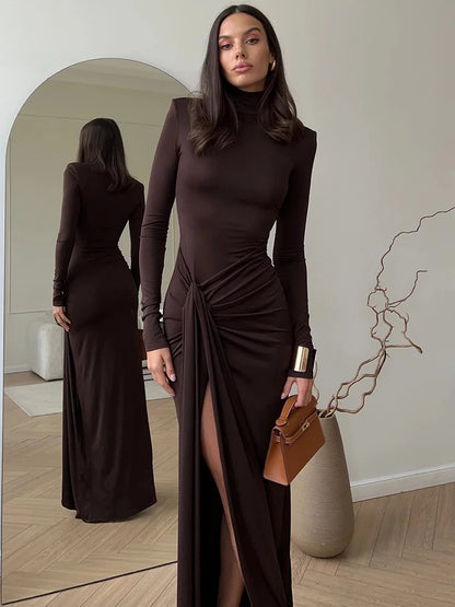 Luxe Noir High-Slit Turtleneck Gown